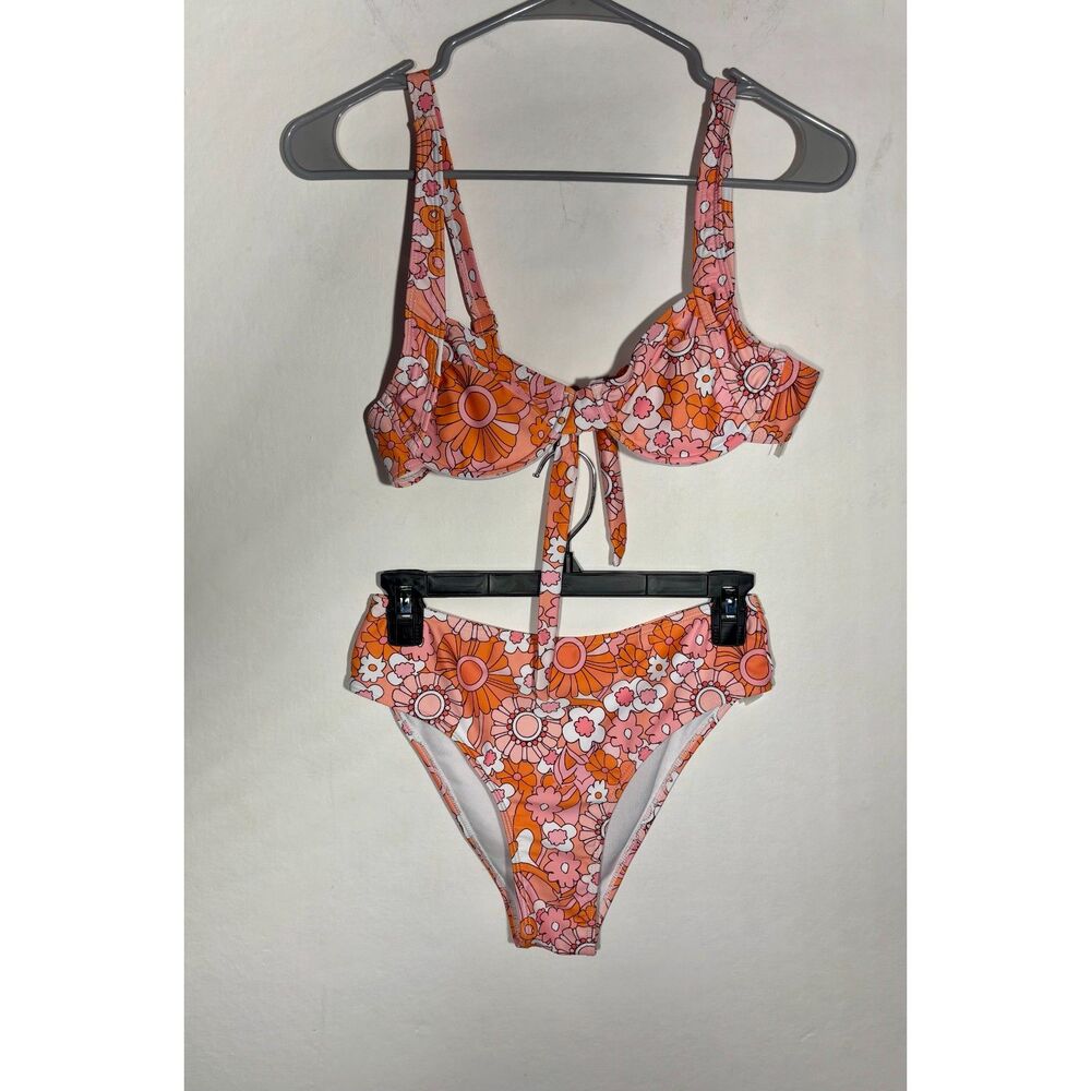 Womens Floral Bikini Set Retro Orange Pink Tie Front High Cut Swimwear Size S